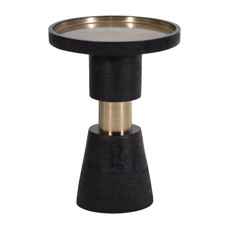 21"H Black and Gold Banded Metal Round Side End Table with Wood and Iron Accent Construction for Modern Living - 15" x 15" x 21"