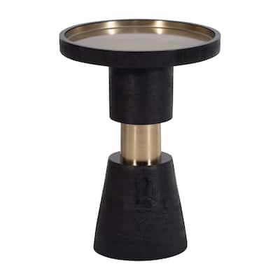 21"H Black and Gold Banded Metal Round Side End Table with Wood and Iron Accent Construction for Modern Living