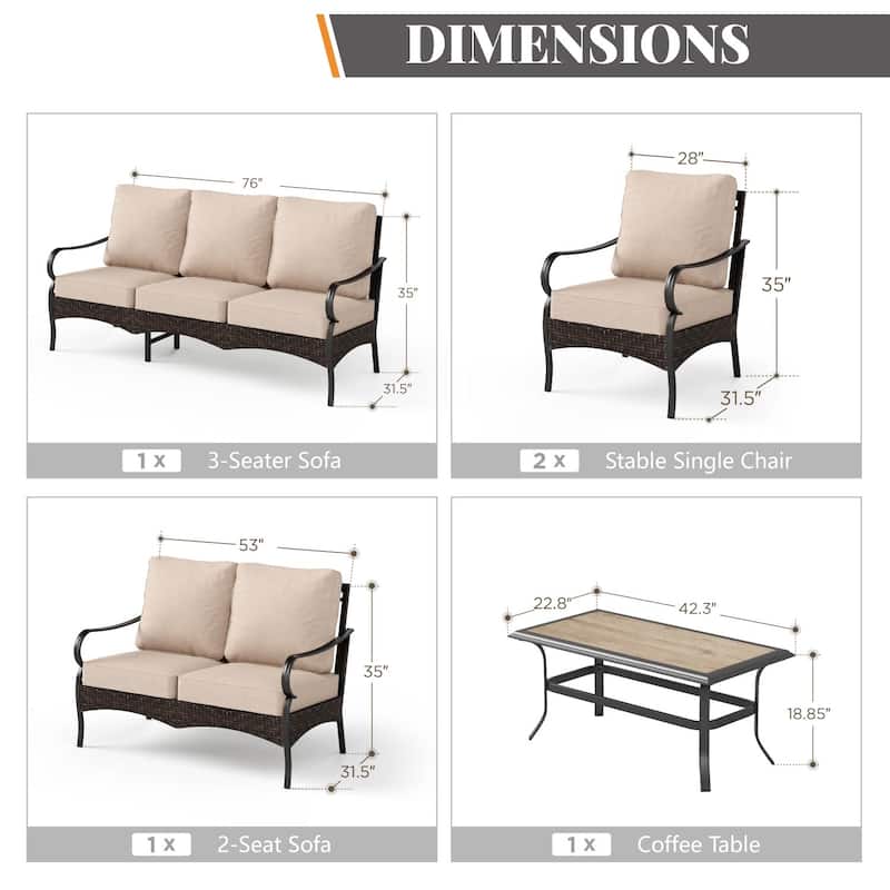 MAISON ARTS Modern Outdoor Patio Furniture Set with Waterproof Cushions - 5-Piece Wicker & Metal Conversation Set