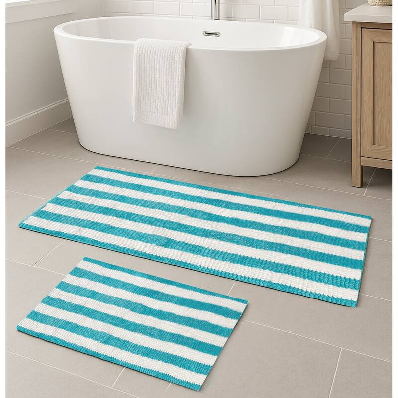Extra Large 2 Piece Set Light Blue White Stripe Soft Cozy Plush Chenille Bath Mat Bathroom Rug - 47" x 27" + 24" x 16" - Light Blue & White