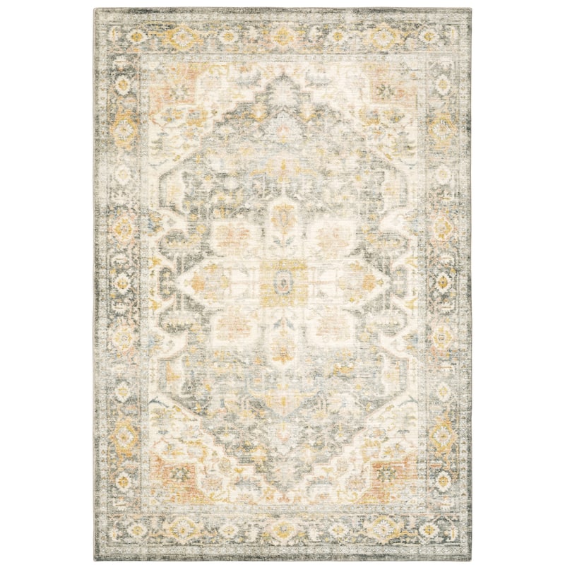 Quimper Grey Gold Oriental Distressed Traditional Casual Area Rug