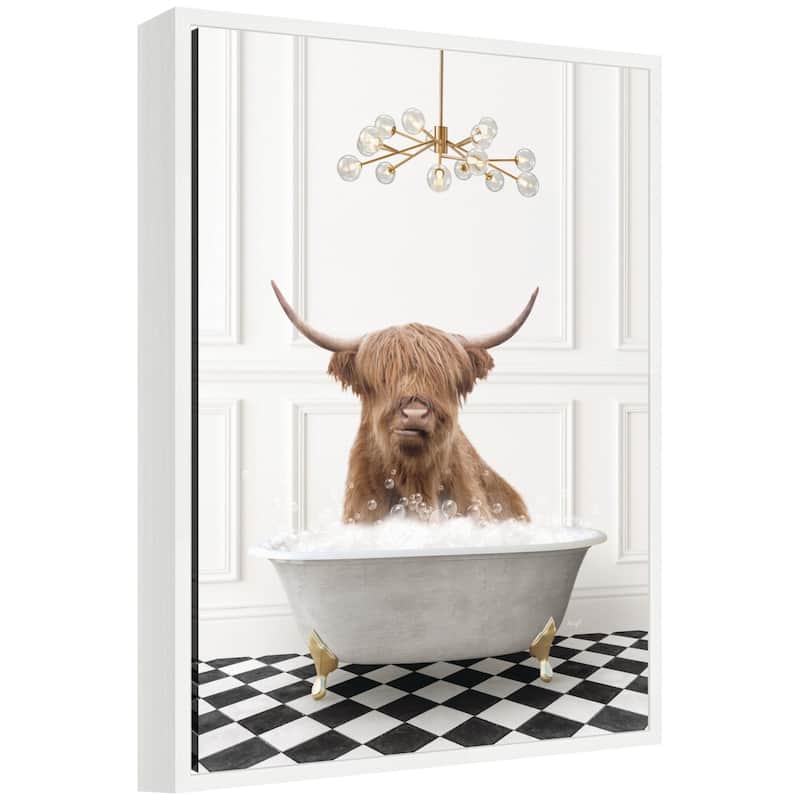 Kate and Laurel Sylvie Highland Cow in Gray Bathtub Checker Floor Framed Canvas by Amy Peterson - White