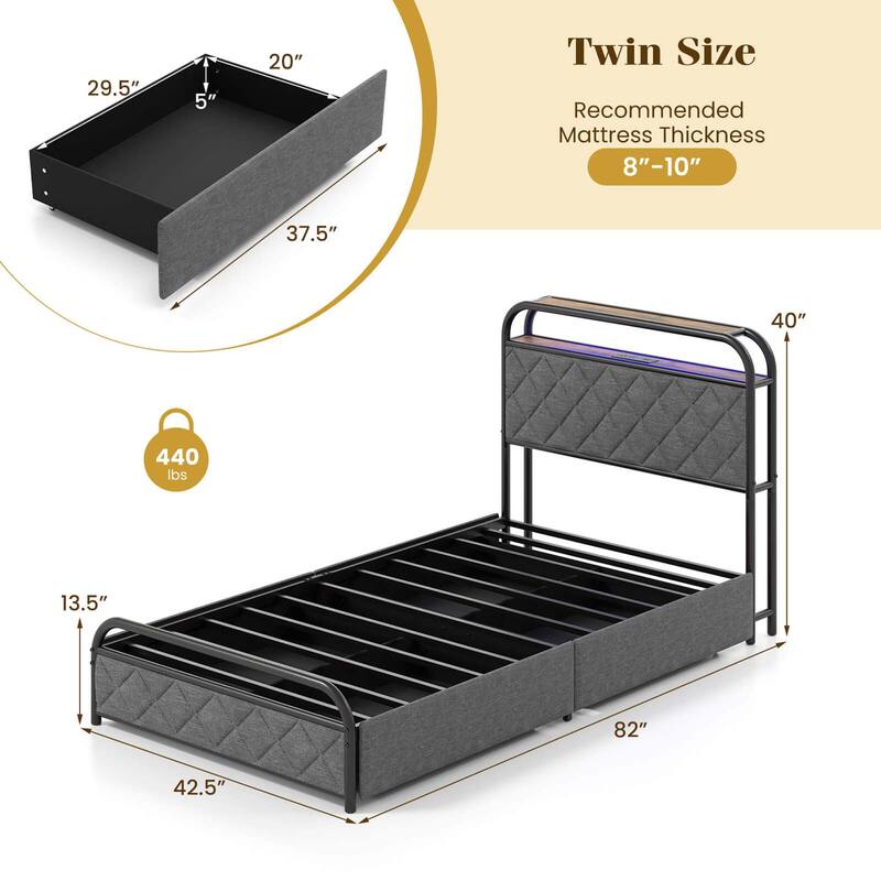 Costway Twin/Full/Queen Size Bed Frame with LED Lights & Charging