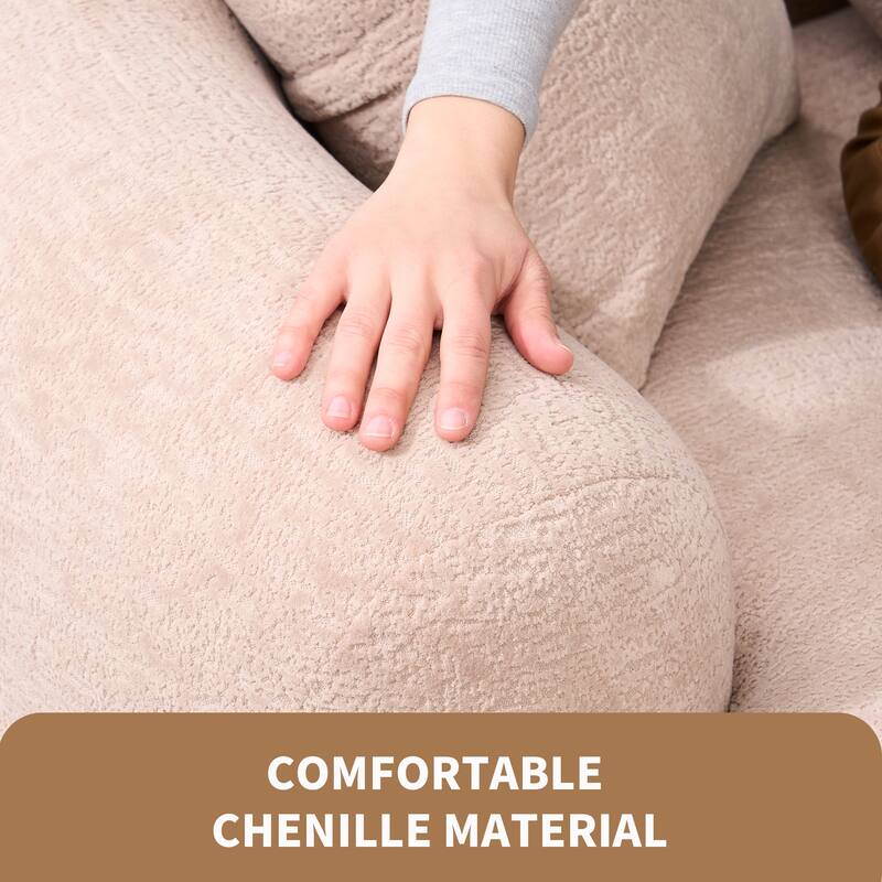 Chenille Deep Seat Loveseat Sofa, Full Compression Sponge Curved Loveseat Sofa, Cloud Floor Couch with 3 Pillows