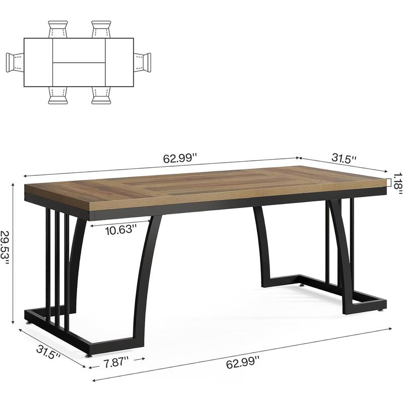 63" Farmhouse Dining Room Table, Rectangular Kitchen Table with Sturdy Metal Frame
