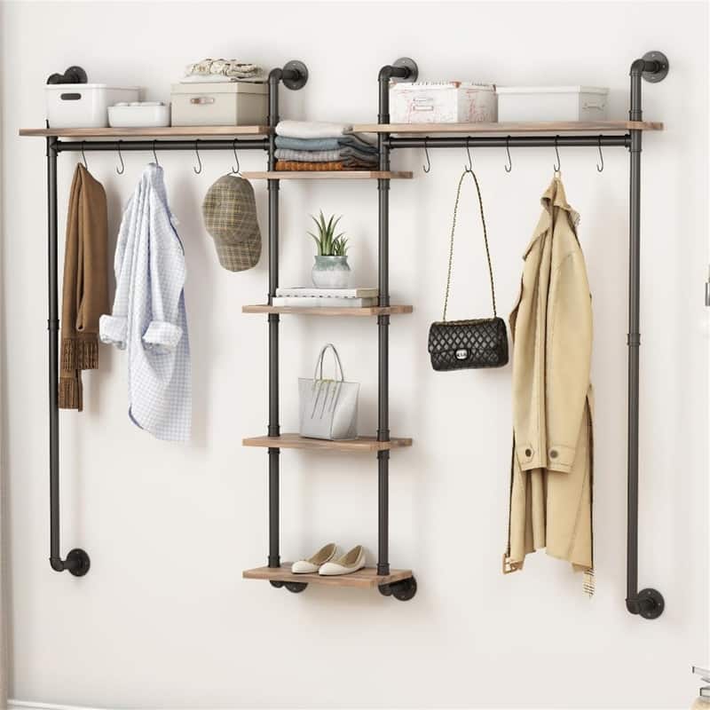 Wall Mounted Pipes Clothes Racks - 7.9"D x 78.7"W x 58.7"H - black - 7.9"D x 78.7"W x 58.7"H