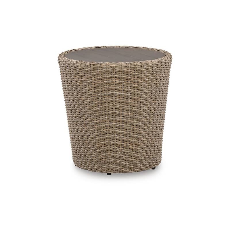 22 Inch Outdoor End Table, Round Shape, Handwoven Resin Wicker, Beige Brown