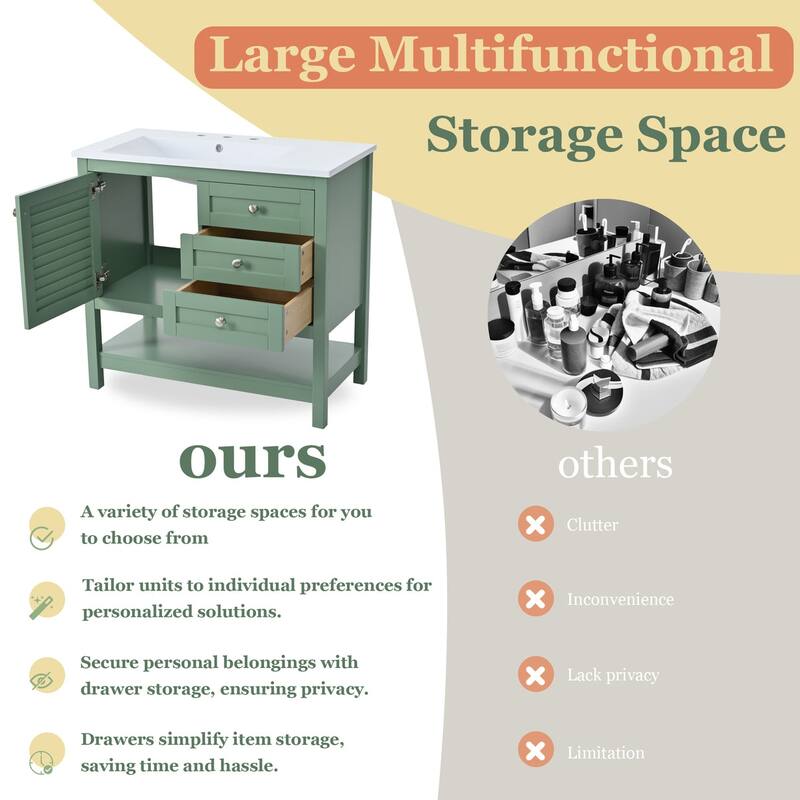 36 inch MDF Freestanding Bathroom Vanity Set in Green with Integrated Resin Sink