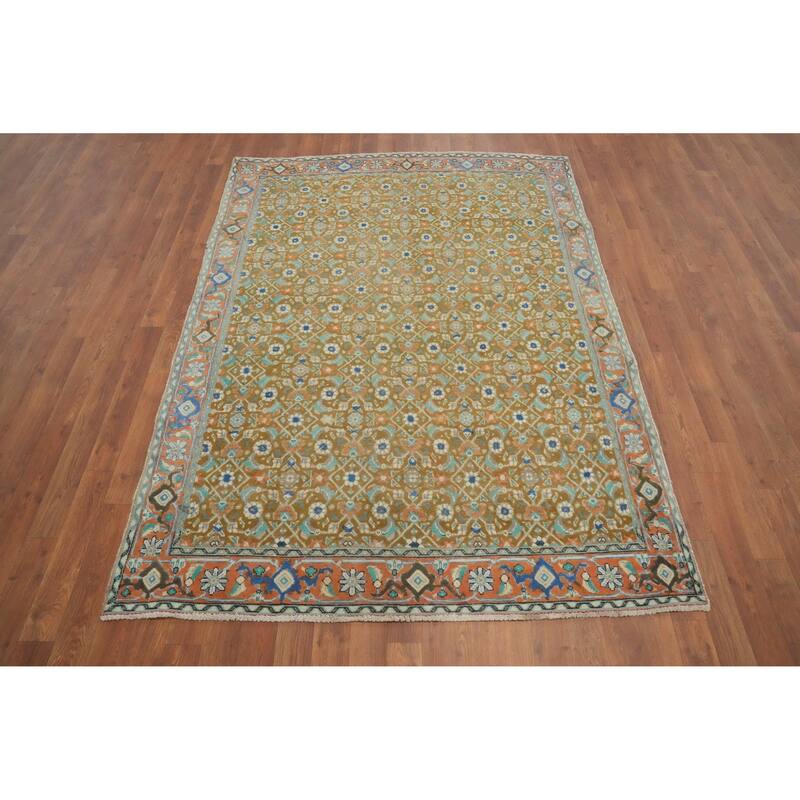 Hand Knotted Oriental 100% Wool Carpet Traditional Floral Green Tabriz Area Rug - 6' 8'' X 4' 10''