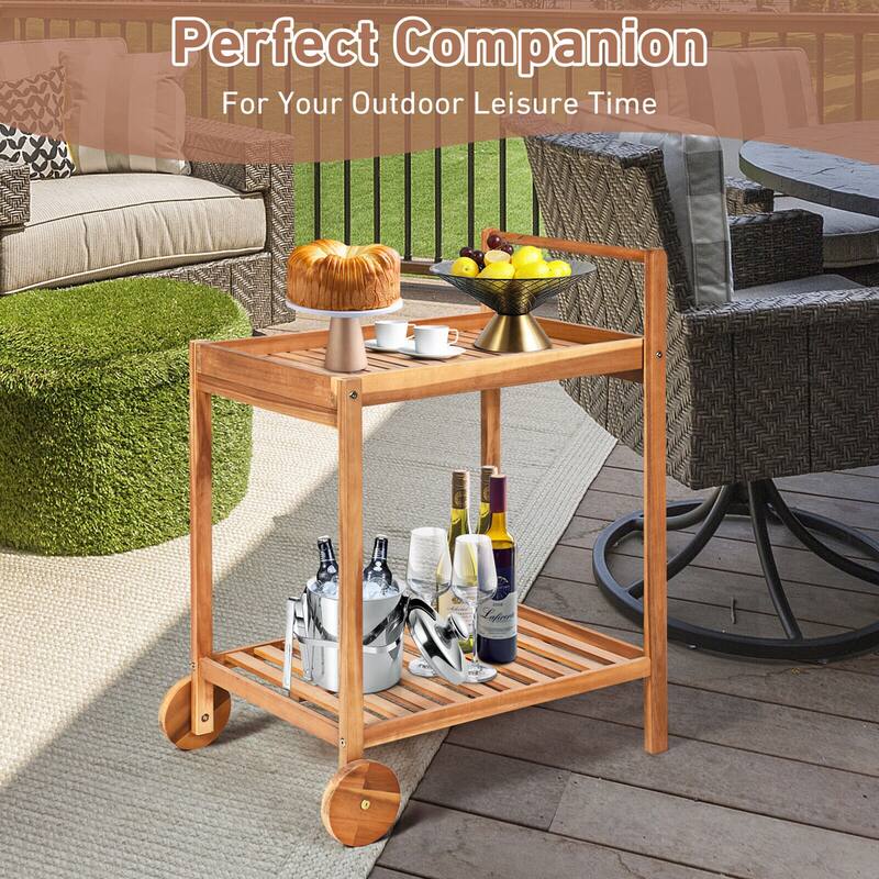 Gymax 2-Tier Acacia Rolling Kitchen Trolley Cart Dining Serving Cart - See Details