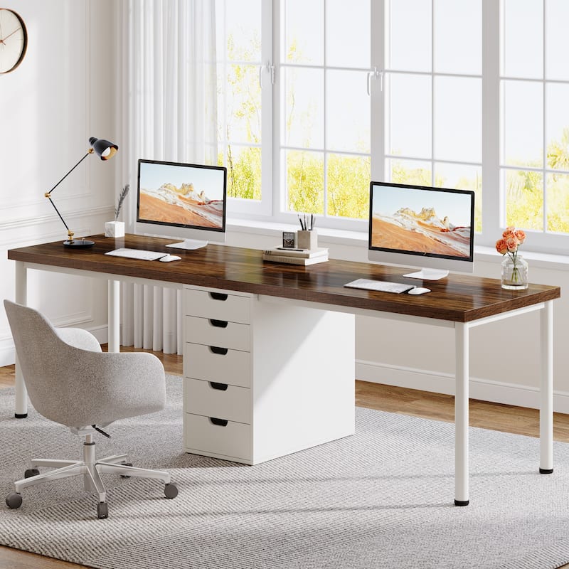 78.7 Inches Computer Desk with 5 Drawers, Two Person Office Des - Brown&White