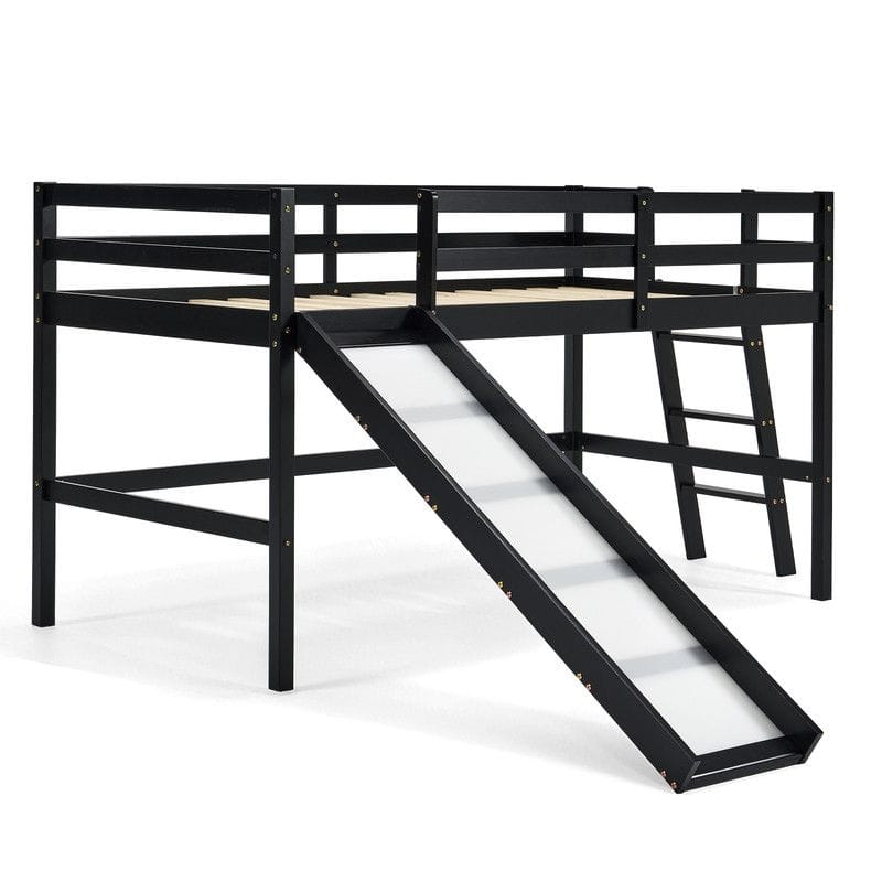 Loft Bed with Slide, Twin, Space Saving Kids Low Loft Bed with Guardrail and Ladder