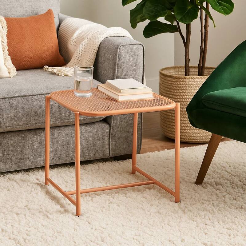 Elie Outdoor Side End Table, 20 Inch Mesh Top, Orange Metal Sled Base