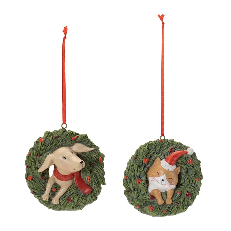 Cat and Dog Christmas Ornaments Set in Pine Wreath Holiday Decor - 3.75" x 2.25" x 3.5"