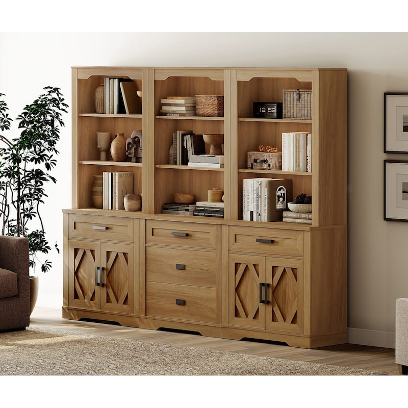 3-Column 73.3" Tall Bookshelf Set with Open Storage and Glass Doors