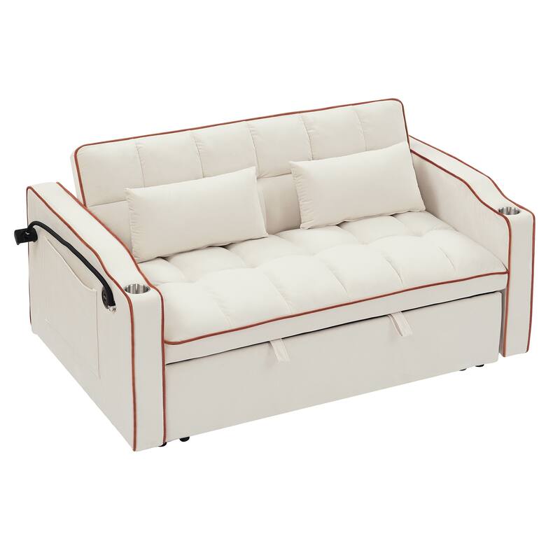 55.51 inch versatile foldable sofa bed, adjustable back, USB port, swivel phone stand (Beige)