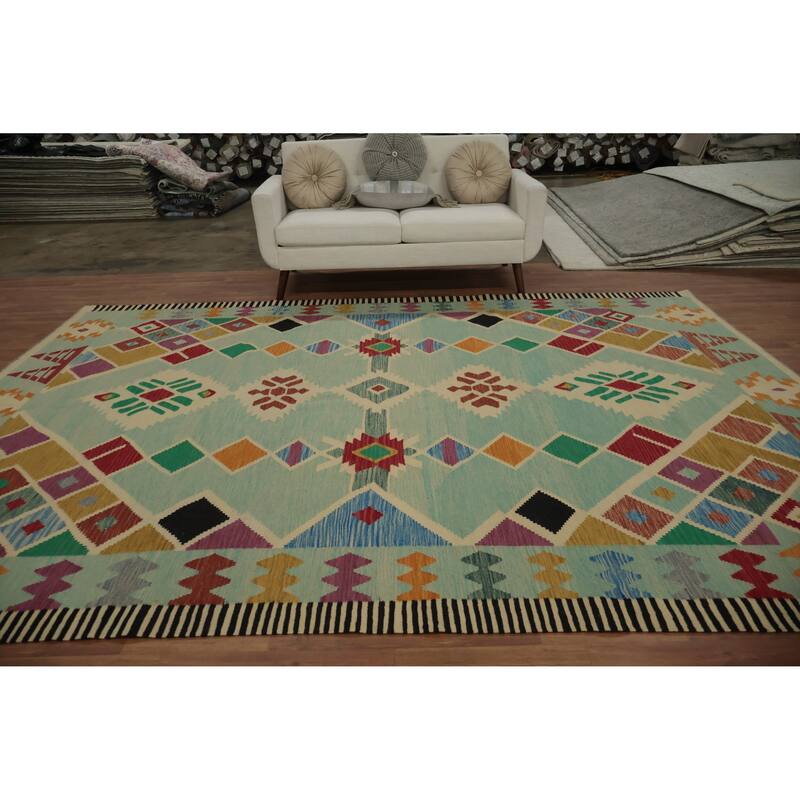 Hand Woven Oriental 100% Wool Carpet Southwestern Tribal Navy Blue & Blues Kilim Area Rug - 11' 8'' X 8' 6''