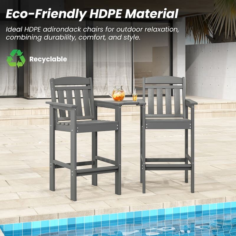 Set of 2 All-Weather HDPE Adirondack Bar Stools with Connecting Drink Tray, Tall Patio Bar Height Chairs for Poolside & Backyard