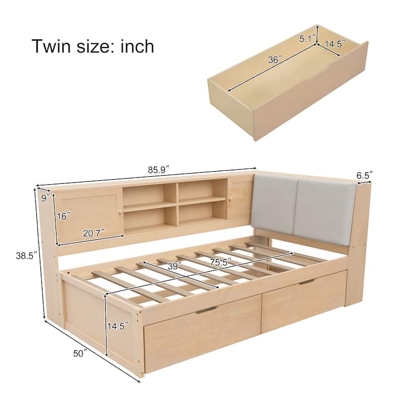 L-shaped Daybed Wooden Corner Sofa Bed Frame with Sliding Doors Bookcase Captains Bed, Upholstered Headboard Built-in Storage