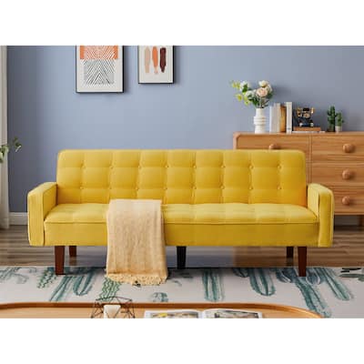 Linen Futon Sofa Bed with Square Arm and Solid Wood Legs, Multi-angle Adjustable Backrest