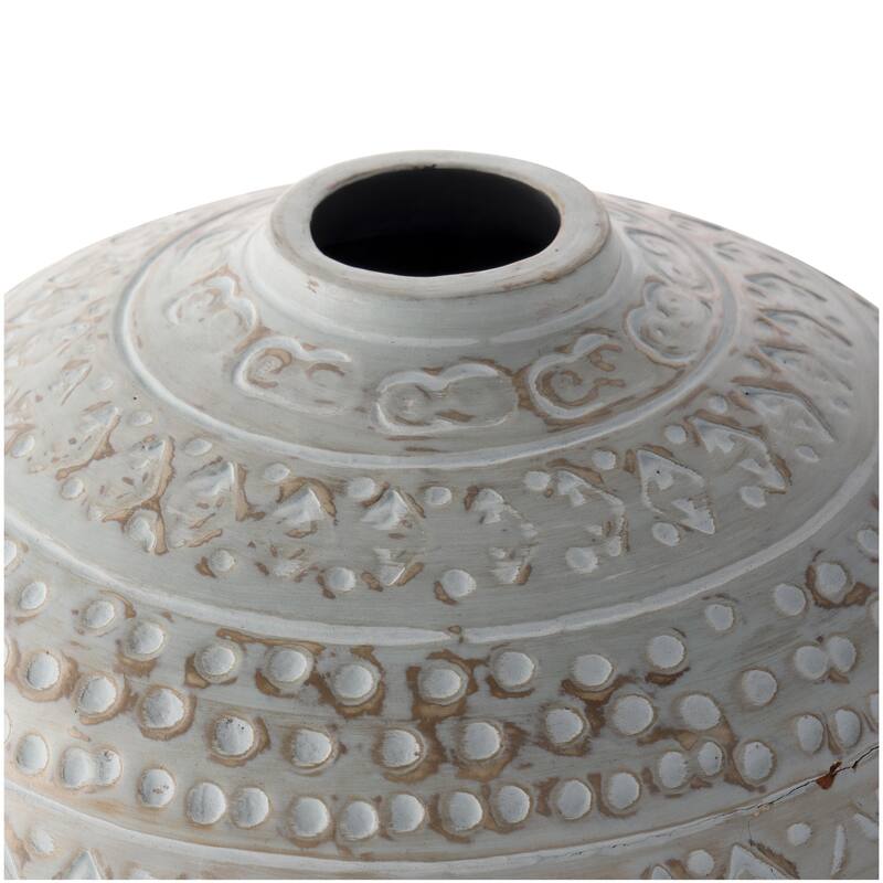 Ceramic Handmade Antique Style Wide Rounded Decorative Vase with Geometric Tribal Carvings - Green - Roche River Decor