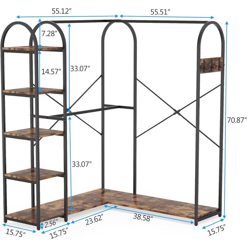 L Shape Clothes Rack Corner Garment Rack with Storage Shelves and Hanging Rods