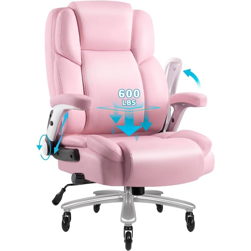 BOSSIN 600lbs Big and Tall Office Leather Chair with Flip up Armrest, Ergonomic Lumbar Support and Quiet Rubber Wheel - Pink