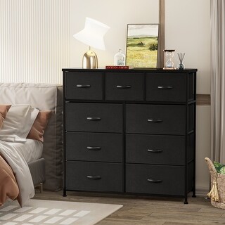 Furniwell 9 Drawer Fabric Dresser Chest of Drawer Cabinet, Black