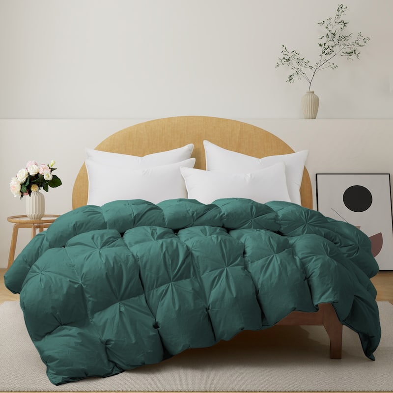 All Season 100% Cotton White Goose Feather Down Comforter with Pinch Pleat Design - King - Gusseted Green