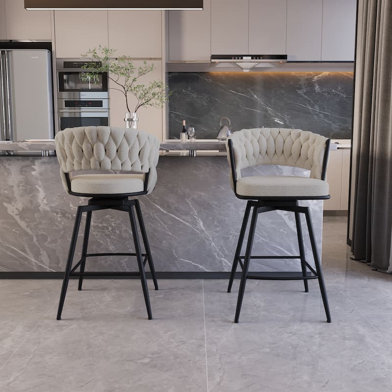 Bar Stool Set of 2, Upholstered Swivel Bar Stool with Woven Back and Armrest, Kitchen Island Chairs with Footrest