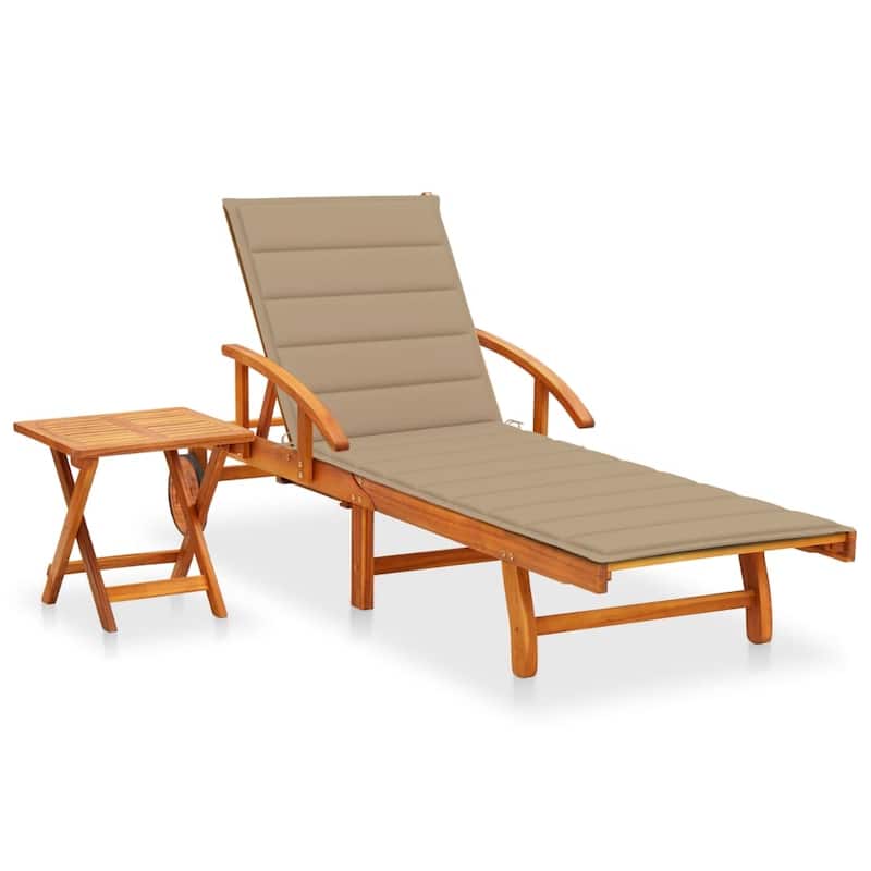 vidaXL Patio Lounge Chair Sunbed Sunlounger with Cushion Solid Acacia Wood - Beige with Table