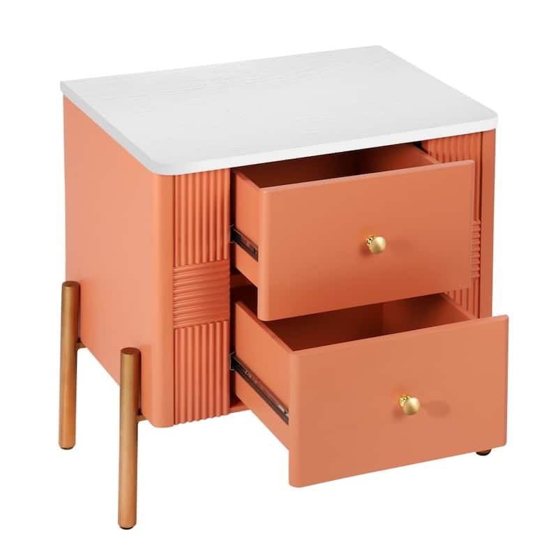 Modern Nightstand with 2 Storage Drawer and Golden Metal Handles for Living Room