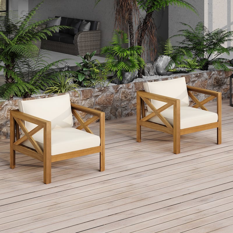 3 Piece Patio Conversation Set, Outdoor Wood Leisure Seat(Set of 2),Armchair with Cushions,Selma Acacia Wood End Table