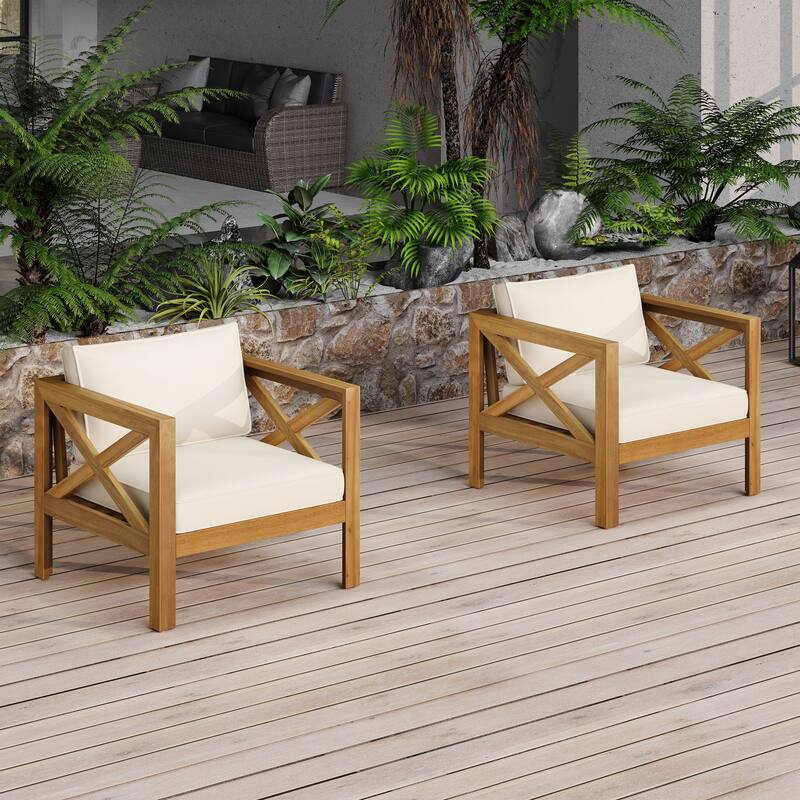 Roomfitters Patio Conversation Set, 2 Outdoor Armchairs with Cushions & Selma Acacia Wood End Table, Teak Finish