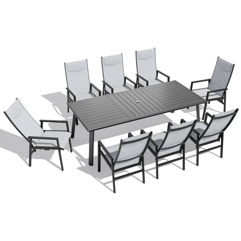 9-PC Outdoor Patio Aluminum Dining Sets Rectangular Table with Adjustable Dining Chairs - Table-Black&Chairs-LightGrey