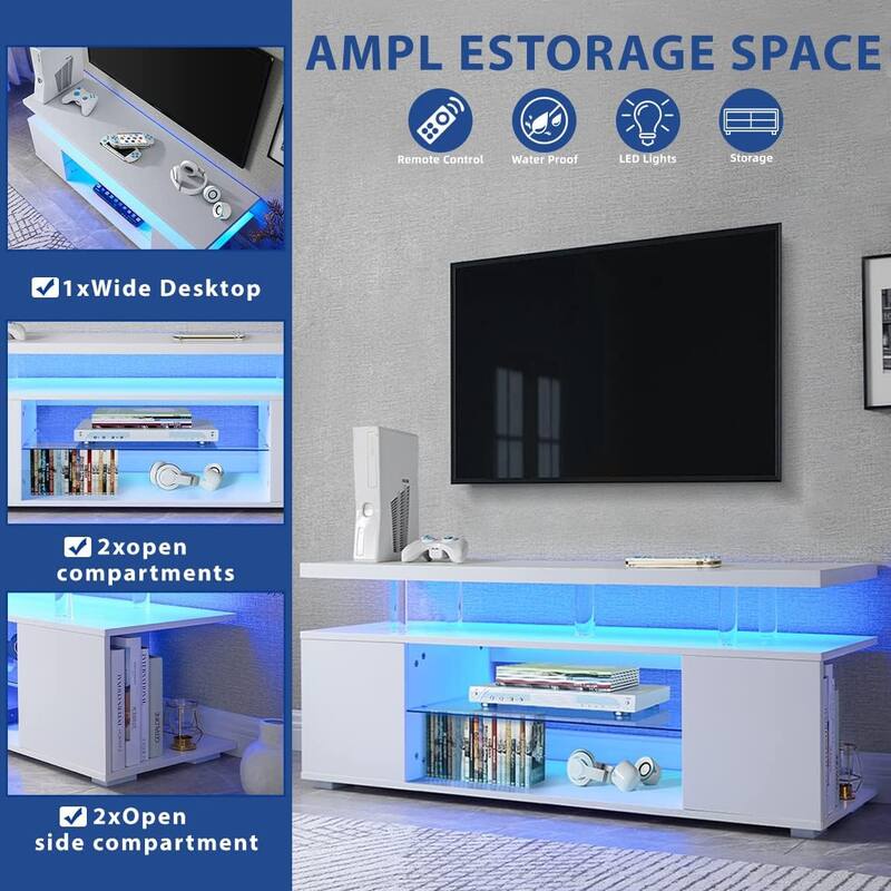 Modern LED TV Stand, Gaming Entertainment Center Media, for 70 Inch TV Table with Large Side Cabinet, for Living Room, White