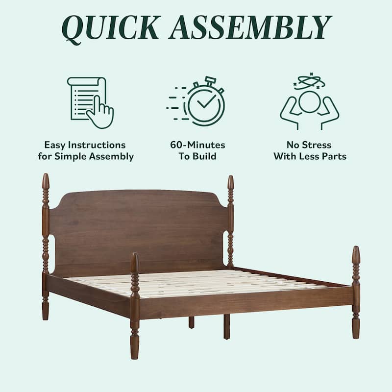 Walker Edison Easy Assembly Solid Wood King Bed with Wood-Turning Detail