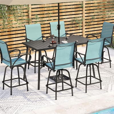 MAISON ARTS 7-Piece Patio Bar Stool Set Wood-grain Bar Table & Aqua Textilene Swivel Stools