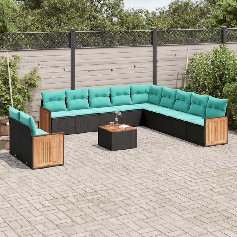 vidaXL 11 Piece Patio Sofa Set with Cushions Black Poly Rattan - 21.7x27.2x24.4-With table