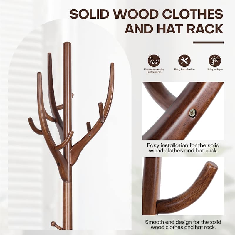 Adjustable Tree-branch Coat Rack Freestanding, Rubberwood Coat Tree - 16.54"Dia. x 71.65"H