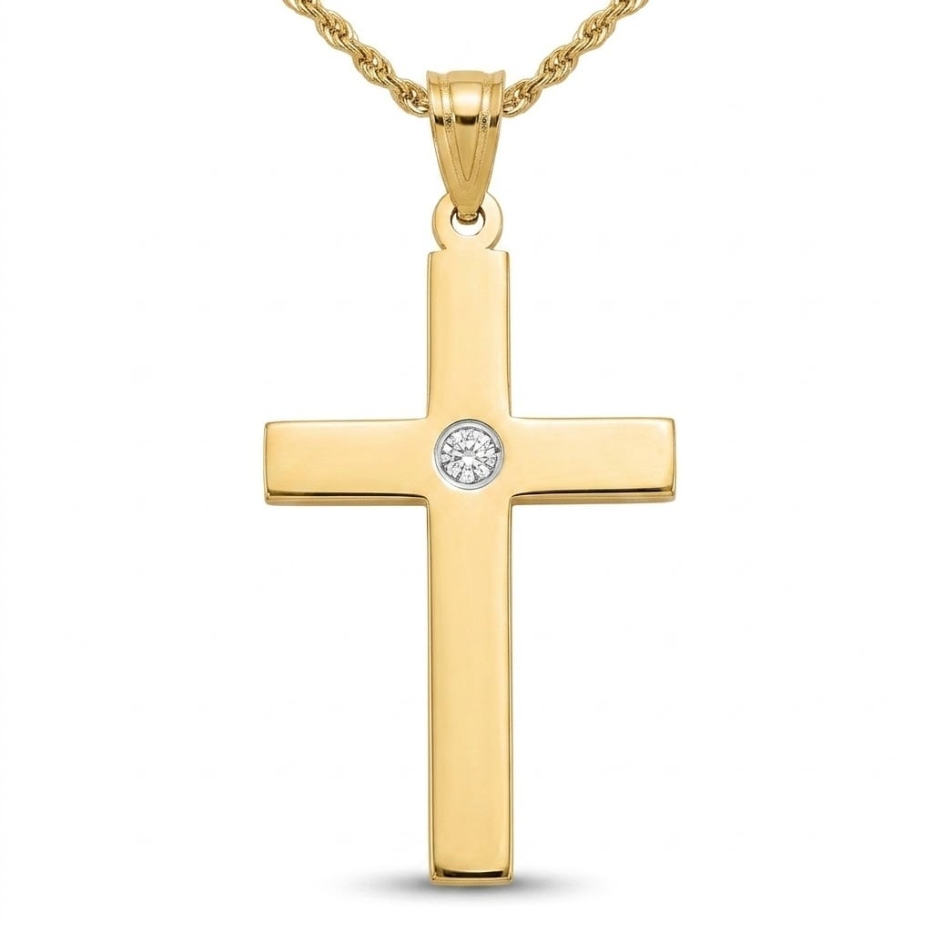 Curata 14k Solid Gold 32x18mm Genuine .02ct Diamond Polished Flat Cross Pendant Necklace