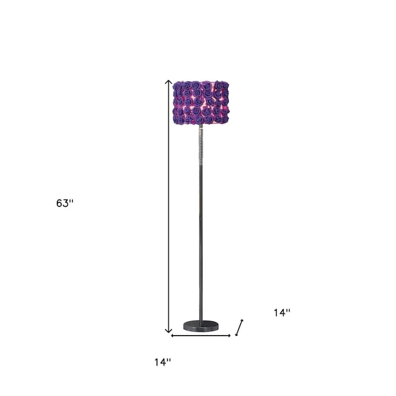 HomeRoots 63" Steel and Acrylic Floor Lamp With Purple Flowers Fabric Drum Shade - 63 X 14 X 14