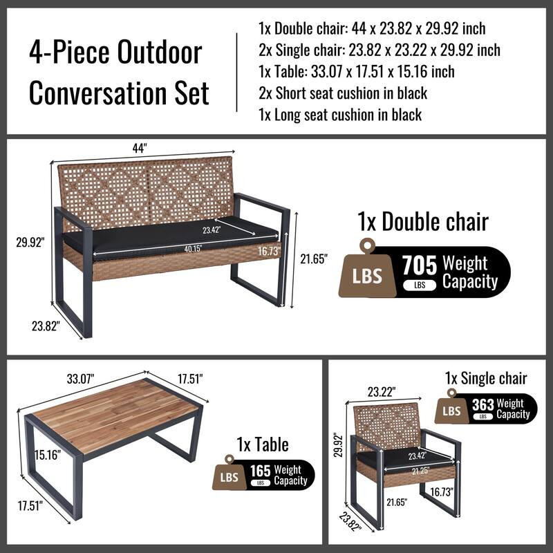 4-Piece Outdoor Patio Furniture Set with Rattan - Includes Double Chair, 2 Single Chairs, Coffee Table,Garden Conversation Set