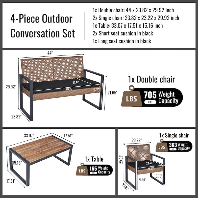GDFStudio - Outdoor 4-Piece Acacia Wood and PE Rattan Patio Furniture Set with Cushions