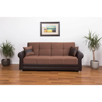HomeRoots 89" Brown Polyester Convertible Futon Sleeper Sofa And Toss Pillows With Storage