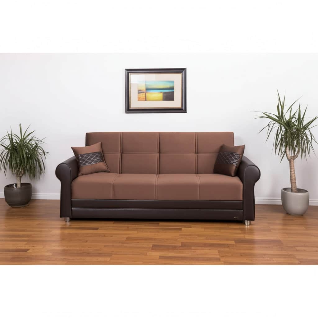 HomeRoots 89" Brown Polyester Convertible Futon Sleeper Sofa And Toss Pillows With Storage
