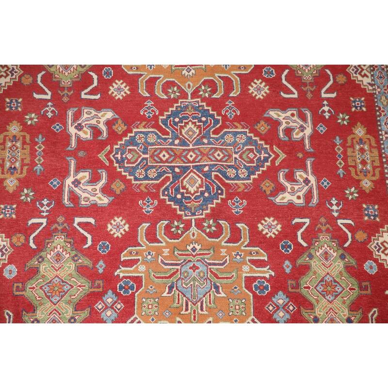 Geometric Kazak Oriental Area Rug Handmade Red Wool Carpet - 8'0" x 9'8"