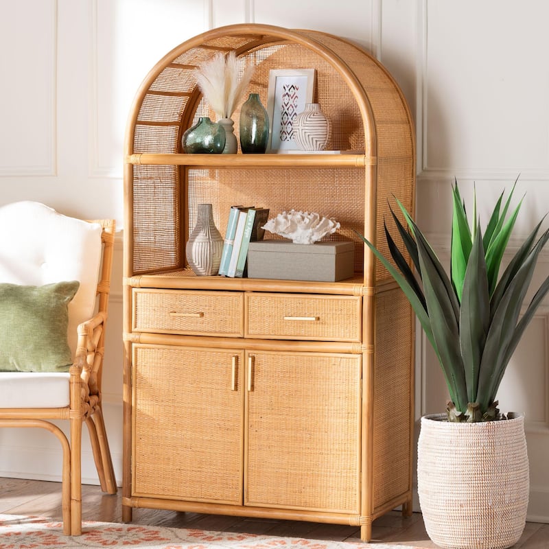 Mairen Arched Natural Rattan Storage Cabinet - Handwoven Pole Rattan Hutch with Two Drawers and Doors, Boho Coastal Cabinet