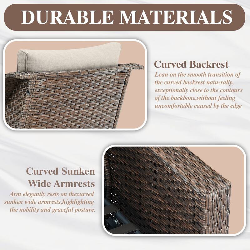 Swivel Patio Chairs with Ottoman, Glass Table - Brown
