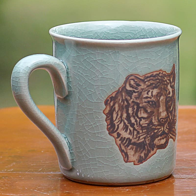 Novica Handmade Tigers Taste Celadon Ceramic Mug
